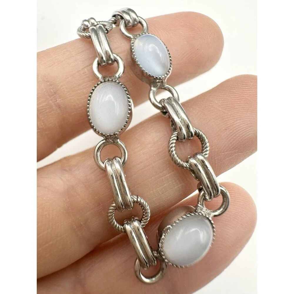 Vintage Sterling Silver Real Cabochon Opalite Bracelet 7.25”